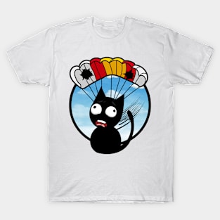 Silly black cat has a broken parachute T-Shirt